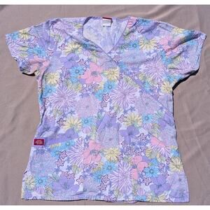 Women's Small Scrub Top, Dickies Purple Floral Design Blue Yellow Flowers